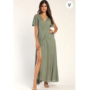 Lulu's Much Obliged Washed Olive Green Wrap Maxi Dress